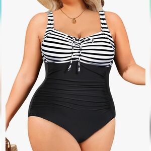 DACI Striped Ruched Black and White Swimsuit